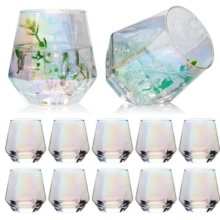 Nuxaoisgel Stemless Wine Glass Set Of 12,Iridescent Glassware For Gift,Modern Rainbow Wine Glass For Serving White Wine, Red Wine, Cocktail, Whiskey, Bourbon, Cool Water CUKBLESS(10 Oz)