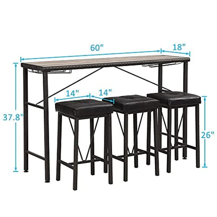 O&K FURNITURE 4 Piece Long Bar Table and Chairs Set, Counter Height Table with 3 Cushion Stools, Behind Couch Bar Table, Industrial Dining Table Sets for Breakfast Nook Living Room Small Space