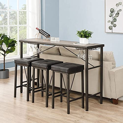 O&K FURNITURE 4 Piece Long Bar Table and Chairs Set, Counter Height Table with 3 Cushion Stools, Behind Couch Bar Table, Industrial Dining Table Sets for Breakfast Nook Living Room Small Space