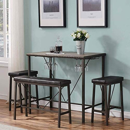 O&K FURNITURE Bar Table and Chairs Set of 4, Industrial Dining Table Set with Glass Holder, Kitchen Table with Upholstered Bench and Stools, Counter Height Pub Table Set for Small Space(Gray)