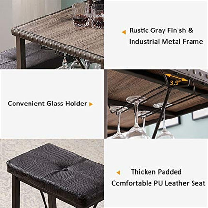 O&K FURNITURE Bar Table and Chairs Set of 4, Industrial Dining Table Set with Glass Holder, Kitchen Table with Upholstered Bench and Stools, Counter Height Pub Table Set for Small Space(Gray)