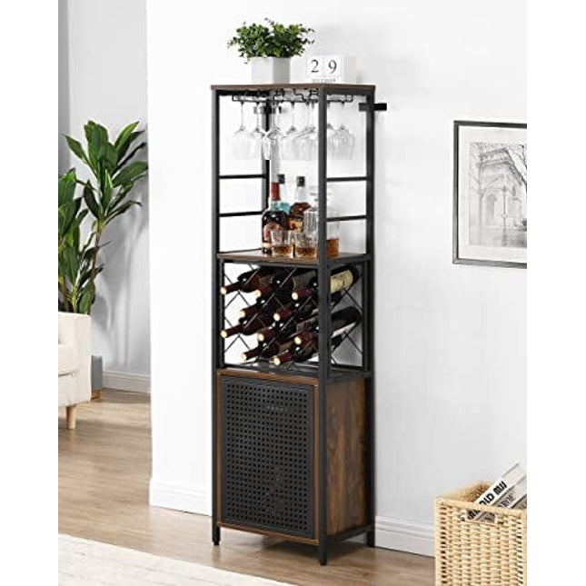 O&K FURNITURE Wine Bar Cabinet for Liquor and Glass, Free Standing Wine Rack, Bar Liquor Cabinet, Multifunctional Floor Wine Cabinet with Adjustable Shelf for Living Room, Home Bar（Vintage Brown）