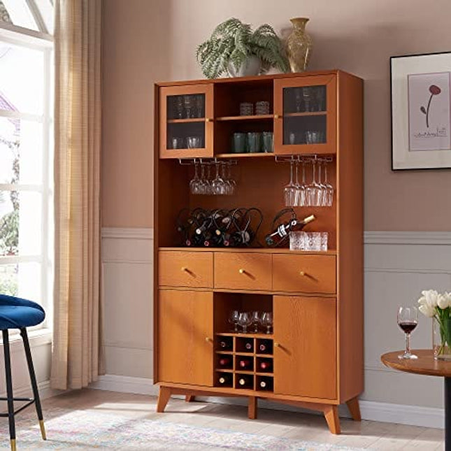 OKD Bar Cabinet, Mid Century Modern Kitchen Hutch Storage Cabinet with Wine and Glass Rack, Storage Shelves, and Drawers, Buffet Sideboard Cabinet for Home Kitchen, Dining Room, Cherry