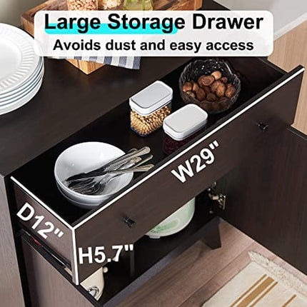 OKD Coffee Bar Cabinet, 31.5" Wide Mid Century Modern Buffet Sideboard with Drawers and Adjustable Storage Shelves, Floor Cabinet for Dining Room, Living Room, Kitchen, Bathroom, Espresso