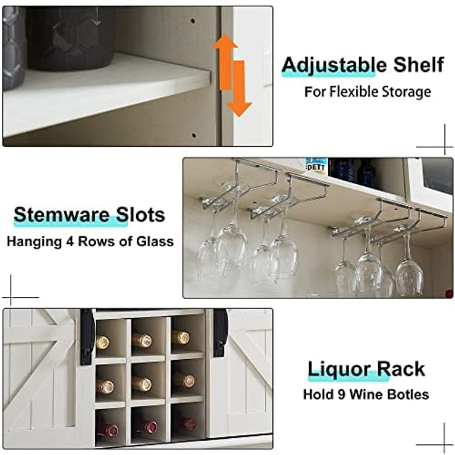 OKD Farmhouse Bar Cabinet with Sliding Barn Door, Kitchen Hutch Storage Cabinet w/Wine and Glass Rack, Drawers, Adjustable Shelves, Sideboard Buffet Pantry for Dining Room (Antique White)