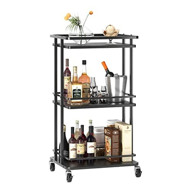 OKZEST 3 Tier Bar Cart for Home, Rolling Mini Liquor Bar for Wine Beverage Dinner Party, Utility Kitchen Storage Island Serving Cart on Wheels, Coffee Bar Cabinet for Kitchen Dining Living Room, Black