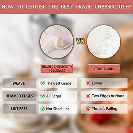 Olicity Cheese Cloths, Grade 100, 20x20Inch Hemmed Cheesecloth for Straining Reusable, 100% Unbleached Precut Cheese Cloth Strainer Muslin Cloth for Cooking, Baking, Juicing, Cheese Making - 6 Pieces