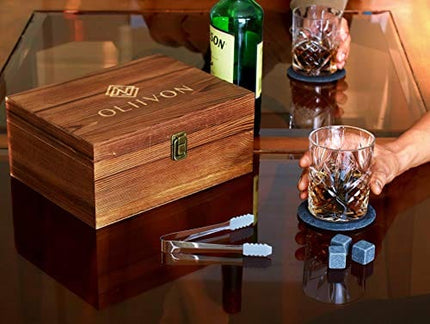 Premium Whiskey Stones Gift Set - 2 Diamond Cut Whiskey Glasses, 8 Chilling Whisky Rocks, 2 Slate Coasters, Steel Tongs, Luxury Wooden Box, Ideal For Scotch And Bourbon Drinks, Great Gift For Men