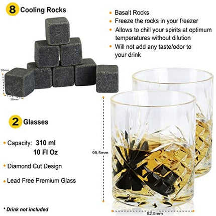 Premium Whiskey Stones Gift Set - 2 Diamond Cut Whiskey Glasses, 8 Chilling Whisky Rocks, 2 Slate Coasters, Steel Tongs, Luxury Wooden Box, Ideal For Scotch And Bourbon Drinks, Great Gift For Men