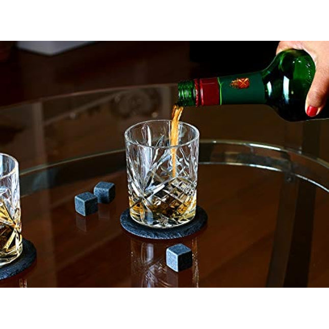 Premium Whiskey Stones Gift Set - 2 Diamond Cut Whiskey Glasses, 8 Chilling Whisky Rocks, 2 Slate Coasters, Steel Tongs, Luxury Wooden Box, Ideal For Scotch And Bourbon Drinks, Great Gift For Men