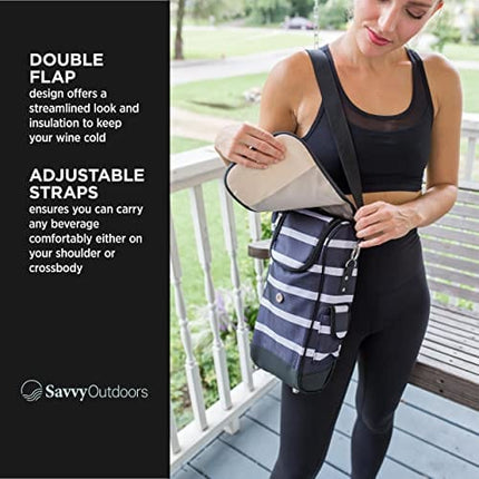 Savvy Outdoors Wine Tote Bag with Stemless Wine Glasses - Bottle Wine Bag with 2 Premium Insulated Wine Cups & Exterior Storage Pouch - Foldable Wine Carrier and Portable Wine Cooler Bags