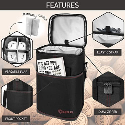 OPUX 4 Bottle Wine Tote Carrier | Insulated Wine Cooler Bag for Travel Picnic BYOB | Portable Leakproof Padded Wine Bag with Shoulder Strap for Dinner Christmas Wine Gift for Women Men (Black)