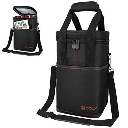 OPUX 4 Bottle Wine Tote Carrier | Insulated Wine Cooler Bag for Travel Picnic BYOB | Portable Leakproof Padded Wine Bag with Shoulder Strap for Dinner Christmas Wine Gift for Women Men (Black)