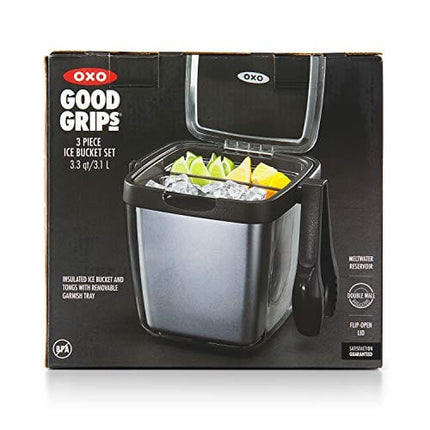 OXO Good Grips Double Wall Ice Bucket with Tongs and Garnish Tray,Gray, 7.37"L x 8.5"W x 7.5"H