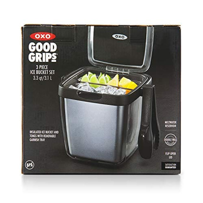 OXO Good Grips Double Wall Ice Bucket with Tongs and Garnish Tray,Gray, 7.37"L x 8.5"W x 7.5"H