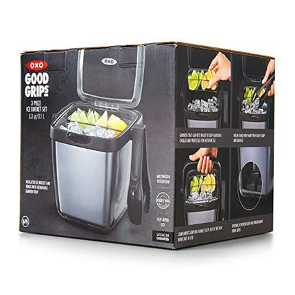 OXO Good Grips Double Wall Ice Bucket with Tongs and Garnish Tray,Gray, 7.37"L x 8.5"W x 7.5"H