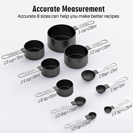 PanderHecop Measuring Cups and Spoons Set, 10 Piece Stackable Stainless Steel Handle Accurate Tablespoon for Measuring Dry and Liquid Ingredients Small Teaspoon with Plastic Head (10, Black)