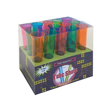 Party Essentials Hard Plastic 1.5 Ounce Tube Shots, Pack of 15, Assorted Neon