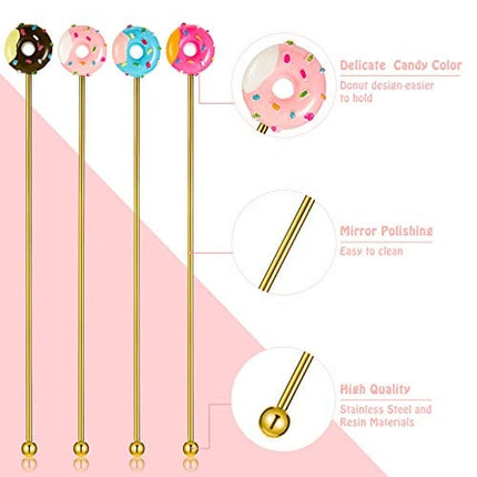 8 Pcs Coffee Stirrers Reusable 7.5 Inch Donut Swizzle Cocktail Spoon Stainless Steel Long Handle Tall Spoon for Coffee Beverage Cocktail Drink, Gold and Silver