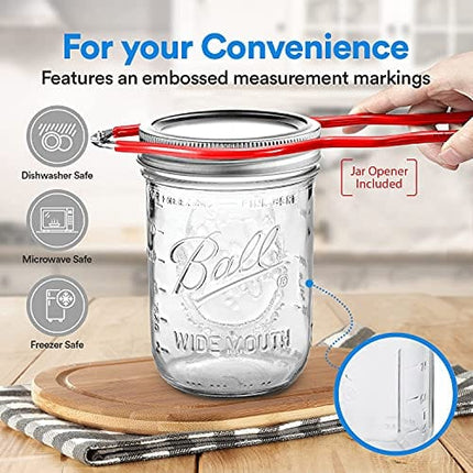 Wide Mouth Mason Jars 16 oz. (12 Pack) - Pint Size Jars with Airtight Lids and Bands for Canning, Fermenting, Pickling, or DIY Decors and Projects Bundled with Jar Opener
