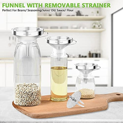 PEMOTech Prime Kitchen Funnels【6 in 1】Large 304 Stainless Steel Funnel, GRAVITY3D for Faster, Drip Free Transfers, Set of 3 (4.1''/5.0''/5.7'') with 2 Strainers & 2 Silicone Tubes & 1 Clean Brush