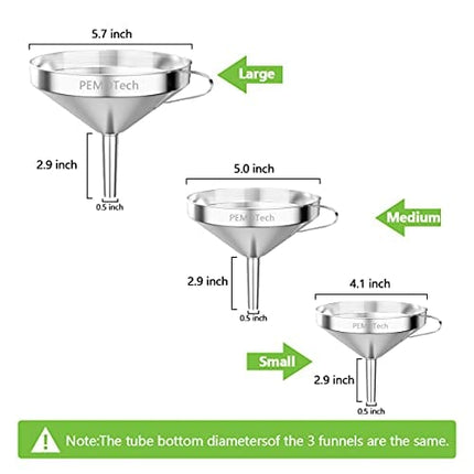 PEMOTech Prime Kitchen Funnels【6 in 1】Large 304 Stainless Steel Funnel, GRAVITY3D for Faster, Drip Free Transfers, Set of 3 (4.1''/5.0''/5.7'') with 2 Strainers & 2 Silicone Tubes & 1 Clean Brush