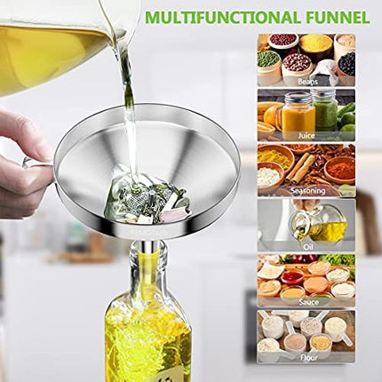 PEMOTech Prime Kitchen Funnels【6 in 1】Large 304 Stainless Steel Funnel, GRAVITY3D for Faster, Drip Free Transfers, Set of 3 (4.1''/5.0''/5.7'') with 2 Strainers & 2 Silicone Tubes & 1 Clean Brush