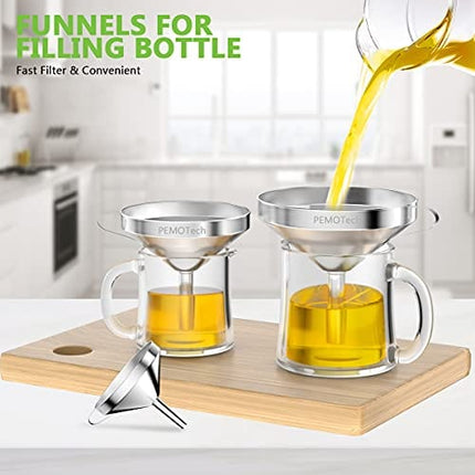 PEMOTech Prime Kitchen Funnels【6 in 1】Large 304 Stainless Steel Funnel, GRAVITY3D for Faster, Drip Free Transfers, Set of 3 (4.1''/5.0''/5.7'') with 2 Strainers & 2 Silicone Tubes & 1 Clean Brush