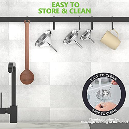 PEMOTech Prime Kitchen Funnels【6 in 1】Large 304 Stainless Steel Funnel, GRAVITY3D for Faster, Drip Free Transfers, Set of 3 (4.1''/5.0''/5.7'') with 2 Strainers & 2 Silicone Tubes & 1 Clean Brush