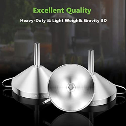 PEMOTech Prime Kitchen Funnels【6 in 1】Large 304 Stainless Steel Funnel, GRAVITY3D for Faster, Drip Free Transfers, Set of 3 (4.1''/5.0''/5.7'') with 2 Strainers & 2 Silicone Tubes & 1 Clean Brush