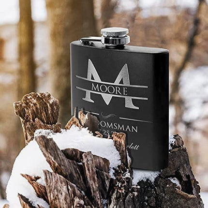 Groomsmen Gifts Set of 6, Personalized Groomsmen Flask Set w Optional Gift Box - Wedding Favor, Engraved 6oz Stainless Steel Flask, Custom Flask Gift Set, Black #2