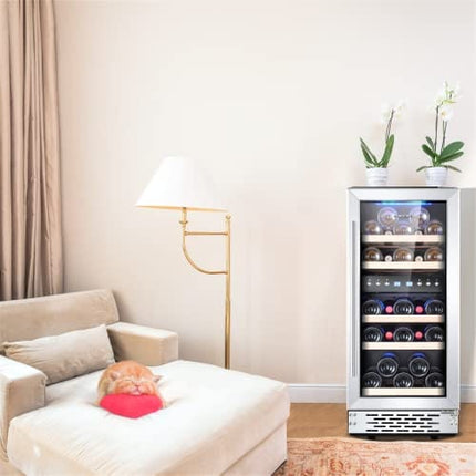 Phiestina Under Counter Wine Fridge 15 Inch Dual Zone Wine Cellar Built-in or Freestanding Wine Cooler Refrigerator with Frost Free Compressor Cooling System