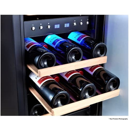 Phiestina Under Counter Wine Fridge 15 Inch Dual Zone Wine Cellar Built-in or Freestanding Wine Cooler Refrigerator with Frost Free Compressor Cooling System