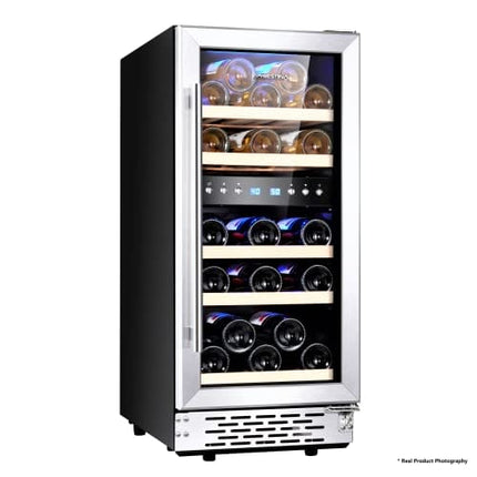 Phiestina Under Counter Wine Fridge 15 Inch Dual Zone Wine Cellar Built-in or Freestanding Wine Cooler Refrigerator with Frost Free Compressor Cooling System