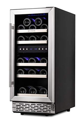 Phiestina 15 Inch Dual Zone Wine Cooler Refrigerator - 28 Bottle Built-in or Free-standing Frost Free Compressor Wine Refrigerator for White and Red Wines with Digital Memory Temperature Control