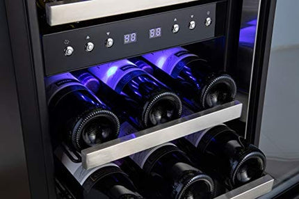 Phiestina 15 Inch Dual Zone Wine Cooler Refrigerator - 28 Bottle Built-in or Free-standing Frost Free Compressor Wine Refrigerator for White and Red Wines with Digital Memory Temperature Control