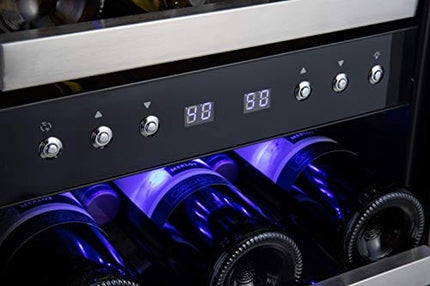 Phiestina 15 Inch Dual Zone Wine Cooler Refrigerator - 28 Bottle Built-in or Free-standing Frost Free Compressor Wine Refrigerator for White and Red Wines with Digital Memory Temperature Control