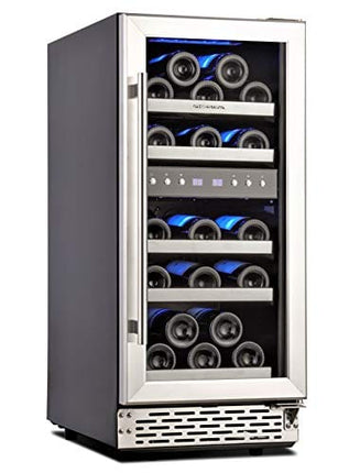 Phiestina 15 Inch Dual Zone Wine Cooler Refrigerator - 28 Bottle Built-in or Free-standing Frost Free Compressor Wine Refrigerator for White and Red Wines with Digital Memory Temperature Control