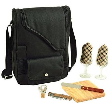 Picnic at Ascot - Wine Carrier Deluxe with Glass Wine Glasses and Accessories for Two, Black/Plaid