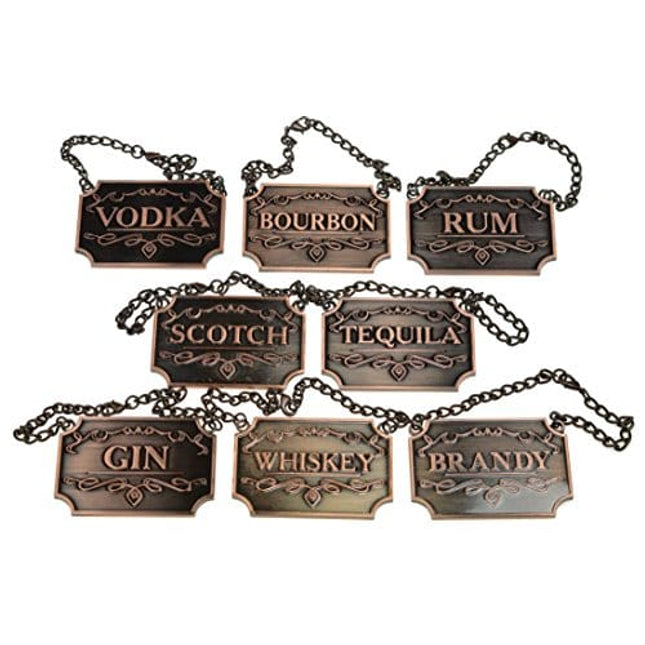 Copper Liquor Decanter Tags/Labels Set of Eight - Whiskey, Bourbon, Scotch, Gin, Rum, Vodka, Tequila and Brandy - Copper Colored - Adjustable Chain Fits Most Bottles (Copper)