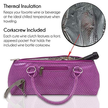 Wine Clutch Bag (Thermal Insulated) Trendy Women’s Carry Tote | Holds Red & White 750mL Bottles | Trendy Fashion | Incl. Portable Waiter-Style Corkscrew (Lavender Burmese)