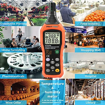 Protmex PT6508 Temperature Humidity Meter, Thermometer Hygrometer Monitor with Ambient, Dew Point, Wet Bulb for Indoor/Outdoor MIN, MAX, Data Hold, LCD Backlight