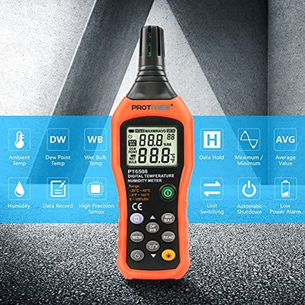 Protmex PT6508 Temperature Humidity Meter, Thermometer Hygrometer Monitor with Ambient, Dew Point, Wet Bulb for Indoor/Outdoor MIN, MAX, Data Hold, LCD Backlight
