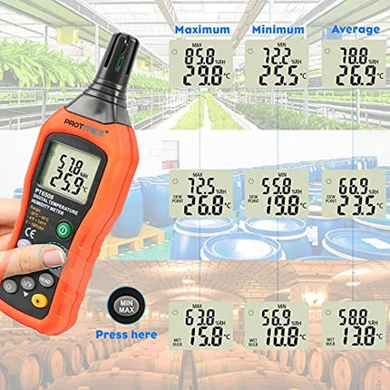 Protmex PT6508 Temperature Humidity Meter, Thermometer Hygrometer Monitor with Ambient, Dew Point, Wet Bulb for Indoor/Outdoor MIN, MAX, Data Hold, LCD Backlight