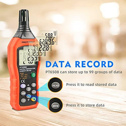 Protmex PT6508 Temperature Humidity Meter, Thermometer Hygrometer Monitor with Ambient, Dew Point, Wet Bulb for Indoor/Outdoor MIN, MAX, Data Hold, LCD Backlight