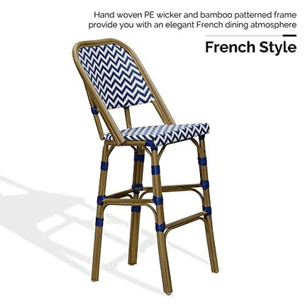 PURPLE LEAF French Bar Stool Set of 2 Outdoor Bar Patio Kitchen Counter Aluminum Frame Chair with Bamboo Print Finish Patio Bar Height Stool, Deep Blue