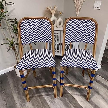 PURPLE LEAF French Bar Stool Set of 2 Outdoor Bar Patio Kitchen Counter Aluminum Frame Chair with Bamboo Print Finish Patio Bar Height Stool, Deep Blue