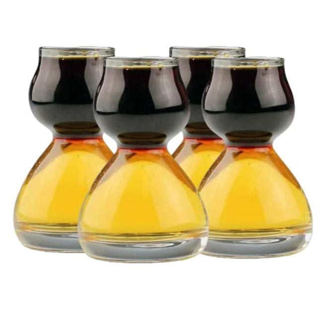 QUAFFER Double Bubble Layered Shot Glass Plus Recipe Card – Chaser Shot Glass Jigger for Smooth Shots – Fun Unique Split Shot Glasses Barware (1.25oz Top & 2.25oz Bottom, Set of 4)