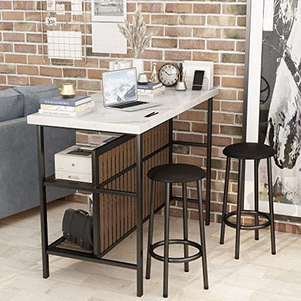 Recaceik 3 Piece Pub Table Set, Rectangular Bar Table with 2 Bar Stools, Faux Marble Dining Room Table Set of 2, Modern Counter Height Table with Storage, Kitchen Island with Seating