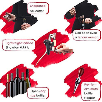 Wine Corkscrew Opener Rabitt - Style Set Bottle Opener Wine Opener Wine Accessories RedNoel Opener Wine Corkscrew Opener Lever Cork Wine Kit: With Foil Cutter,Wine Stopper And Extra Spiral (Bronze)
